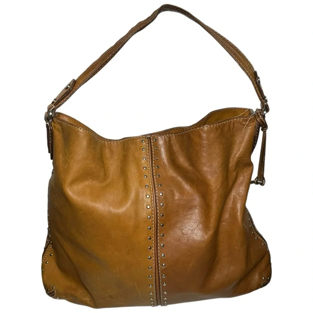Michael Kors MK Vintage Tan Leather Studded Astor Hobo Bag